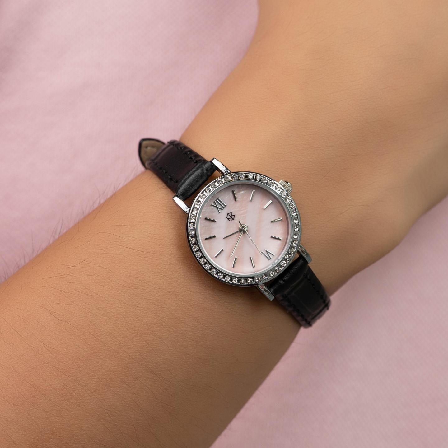 ROSELIRA Rose Pink Roman Round Women's Fashion Quartz Leather Watch