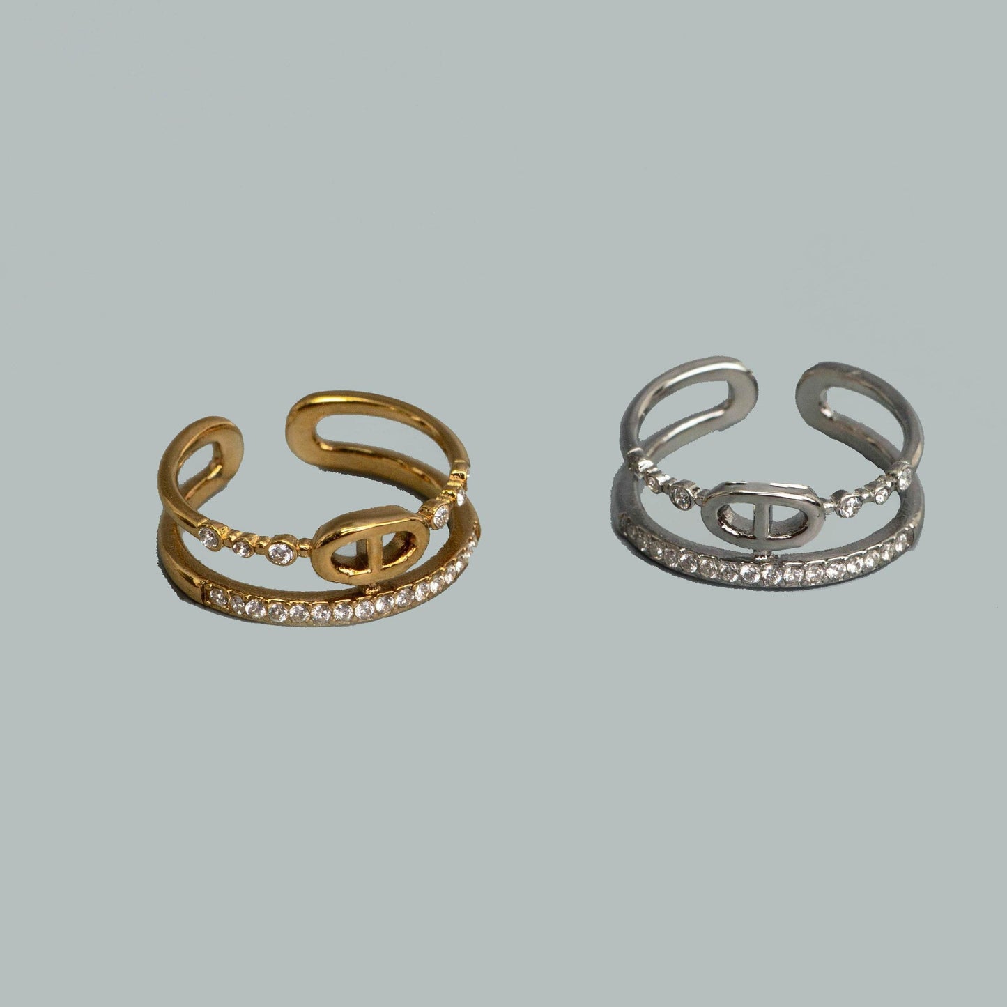 OVELIX Silver/Gld Geometric Loop with Embedded Adjustable Open Double Band Ring Fashion