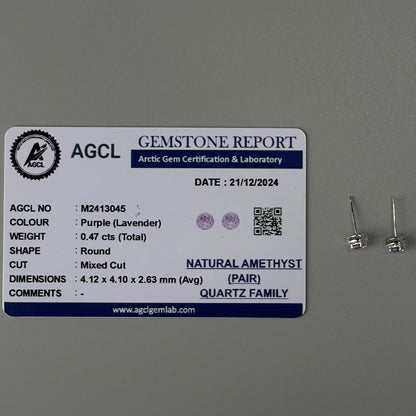 Pawnable Natural Amethyst Gemstone S925 Silver Stud Earrings with AGCL Certification