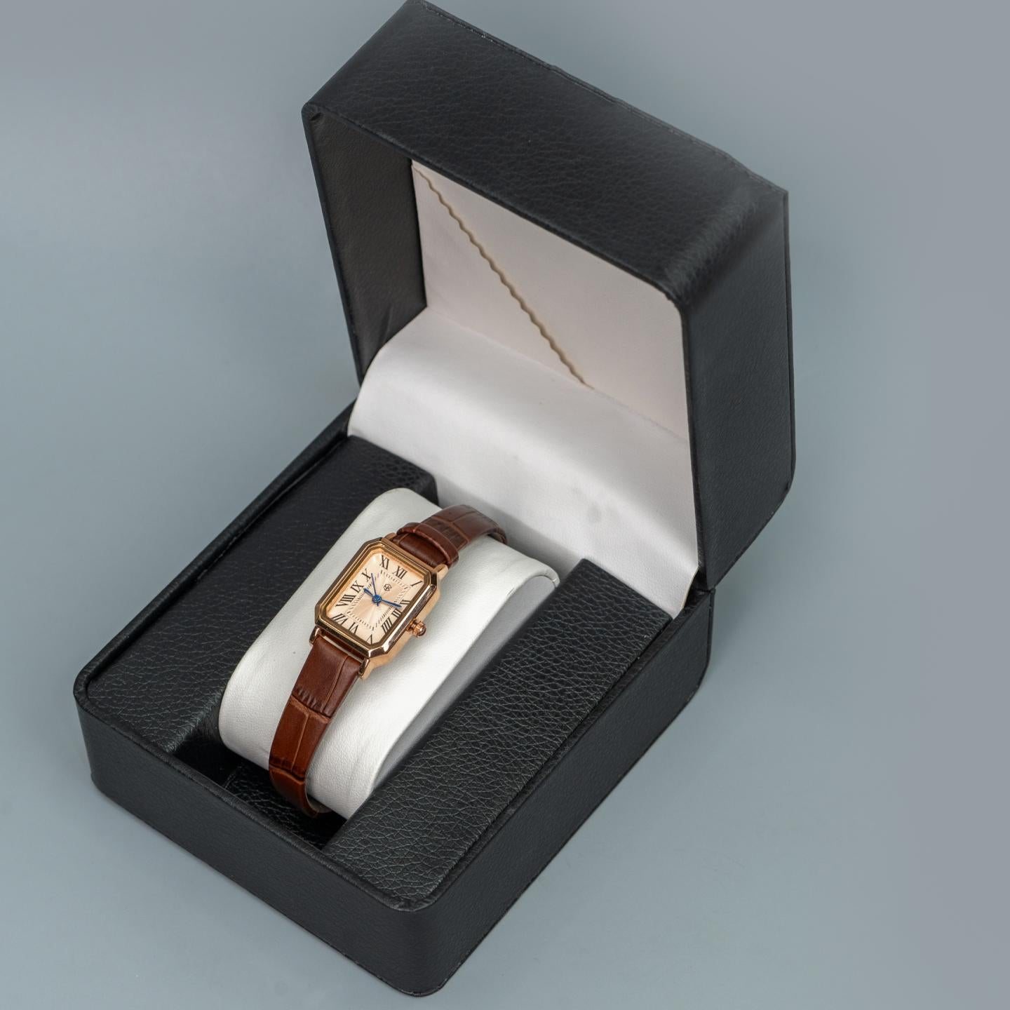 ZHAYNE Rose Gold Blue Hand Dial Roman Numerical Vintage Brown Octagonal Rectangle Leather Women’s Fashion Watch