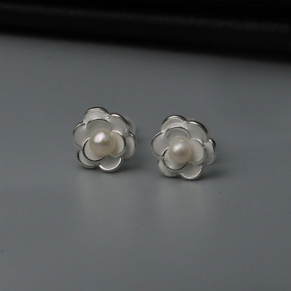 ADA S925 Silver Flower Pearl Stud Earrings Women's