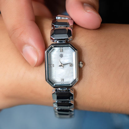 LYKA Silver Rectangle White Pearl Minimalist Women’s Watch Fashion