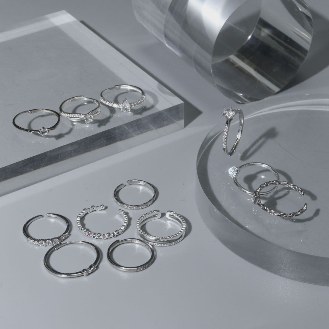 S925 Silver Versatile Shapes Embedded Adjustable Ring Women's