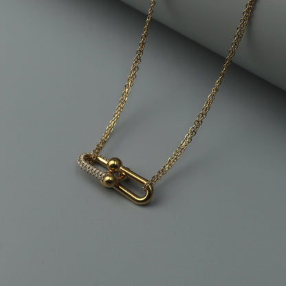 TWAIN Gld/Silver Half Buckle Embedded Pendant Double Chain Necklace for Women