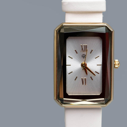 ALPHA White Roman Numerical Vintage Rectangle Leather Watch