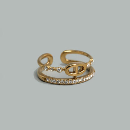 OVELIX Silver/Gld Geometric Loop with Embedded Adjustable Open Double Band Ring Fashion