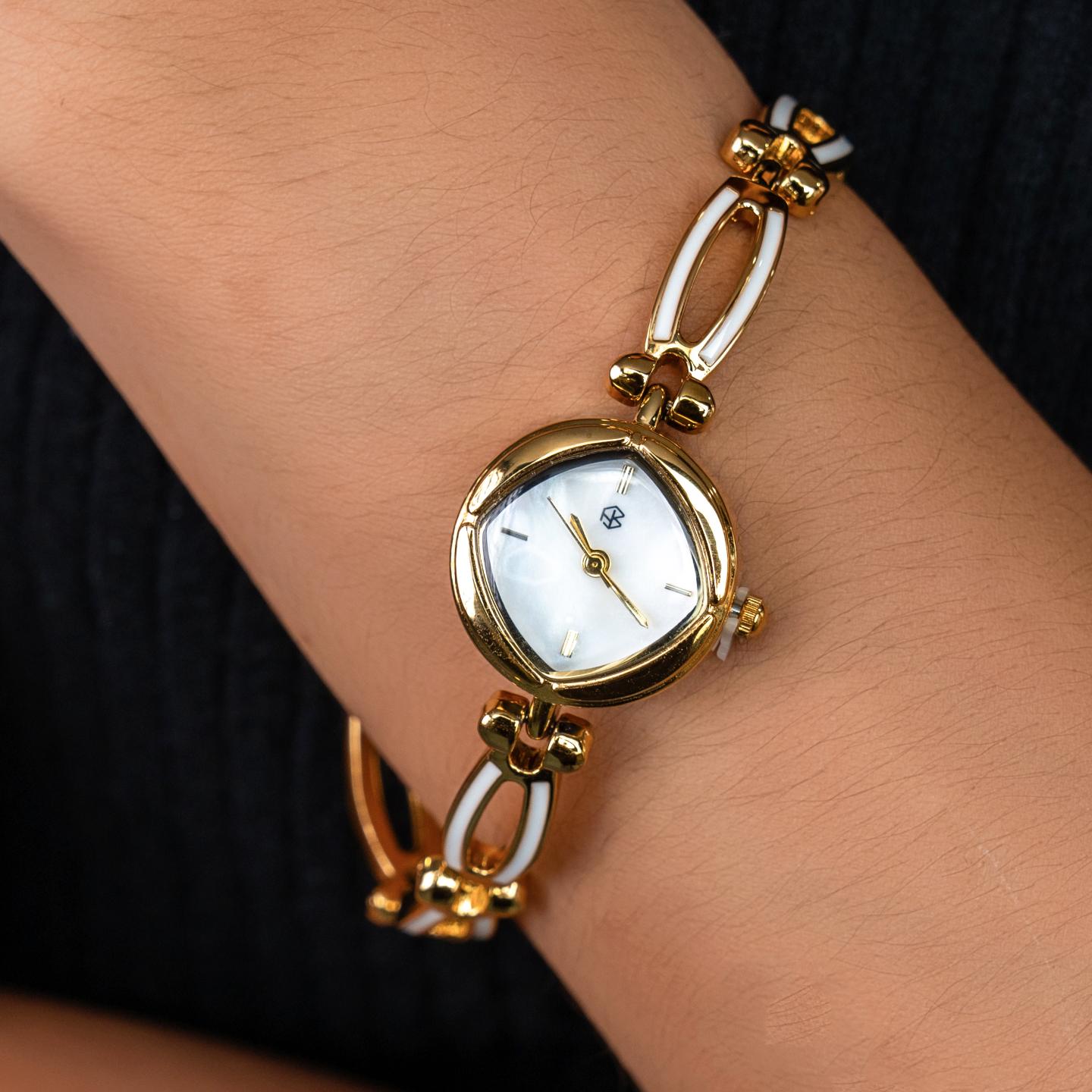 CHARLOTTE Slim Retro Round White Pearl Dainty Women’s Wrist Watch