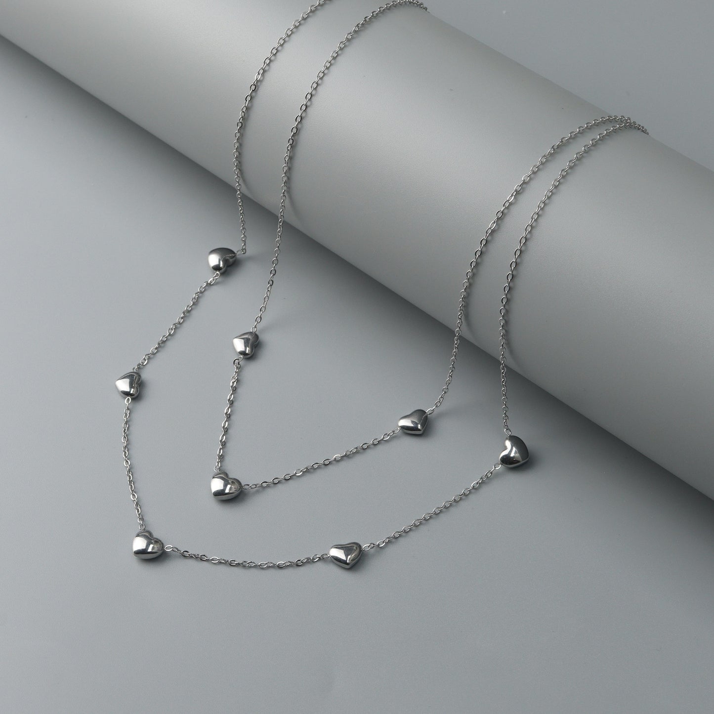 Silver Hearts Shape Collection of Choke Double Chain Necklace and Bracelet