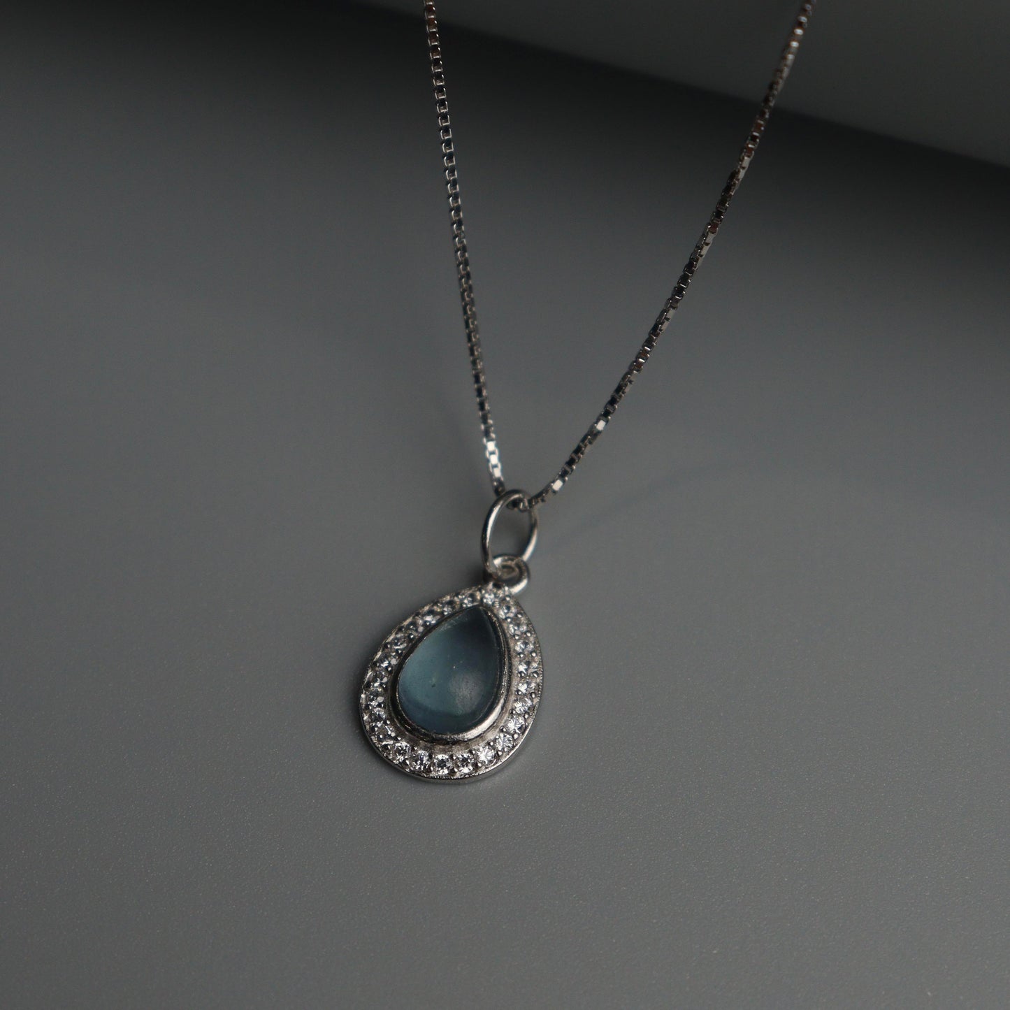 SEIR S925 Silver Droplet Aqua Blue Necklace