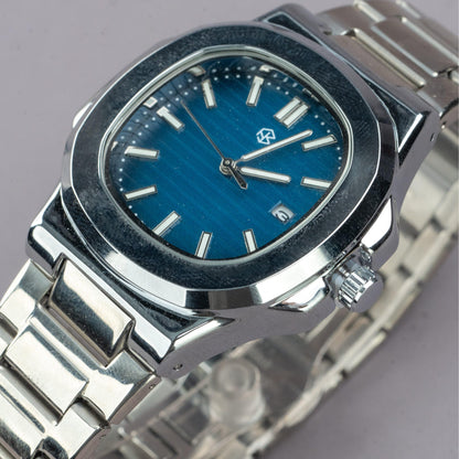 CALYTHON Navy Blue Square Silver Strap Men's Watch