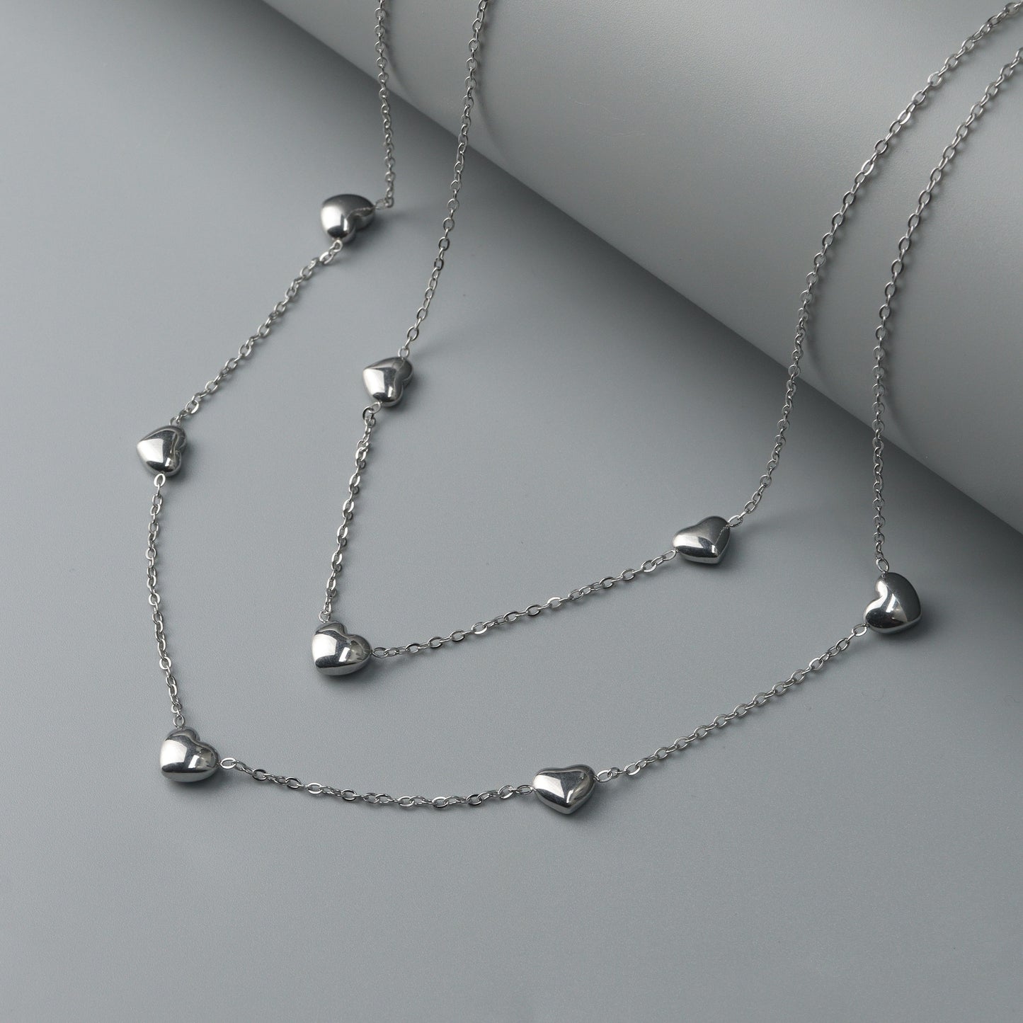 Silver Hearts Shape Collection of Choke Double Chain Necklace and Bracelet