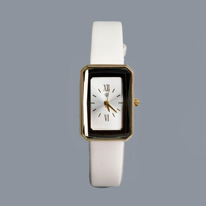 ALPHA White Roman Numerical Vintage Rectangle Leather Watch