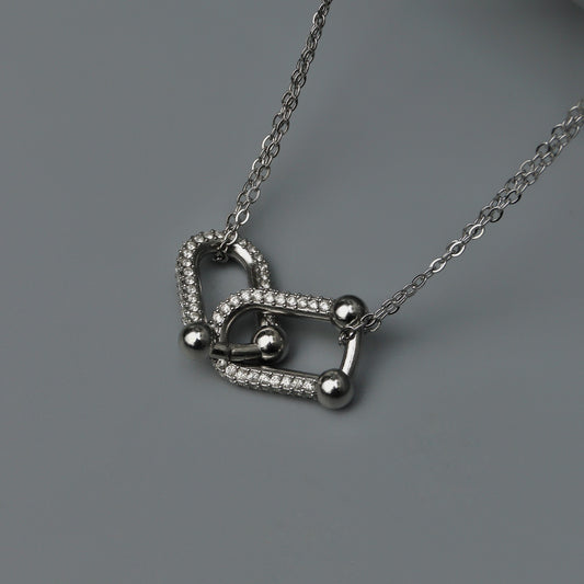 Silver TUNE Full Embedded Buckle Pendant Choker Double Chain Necklace for Women