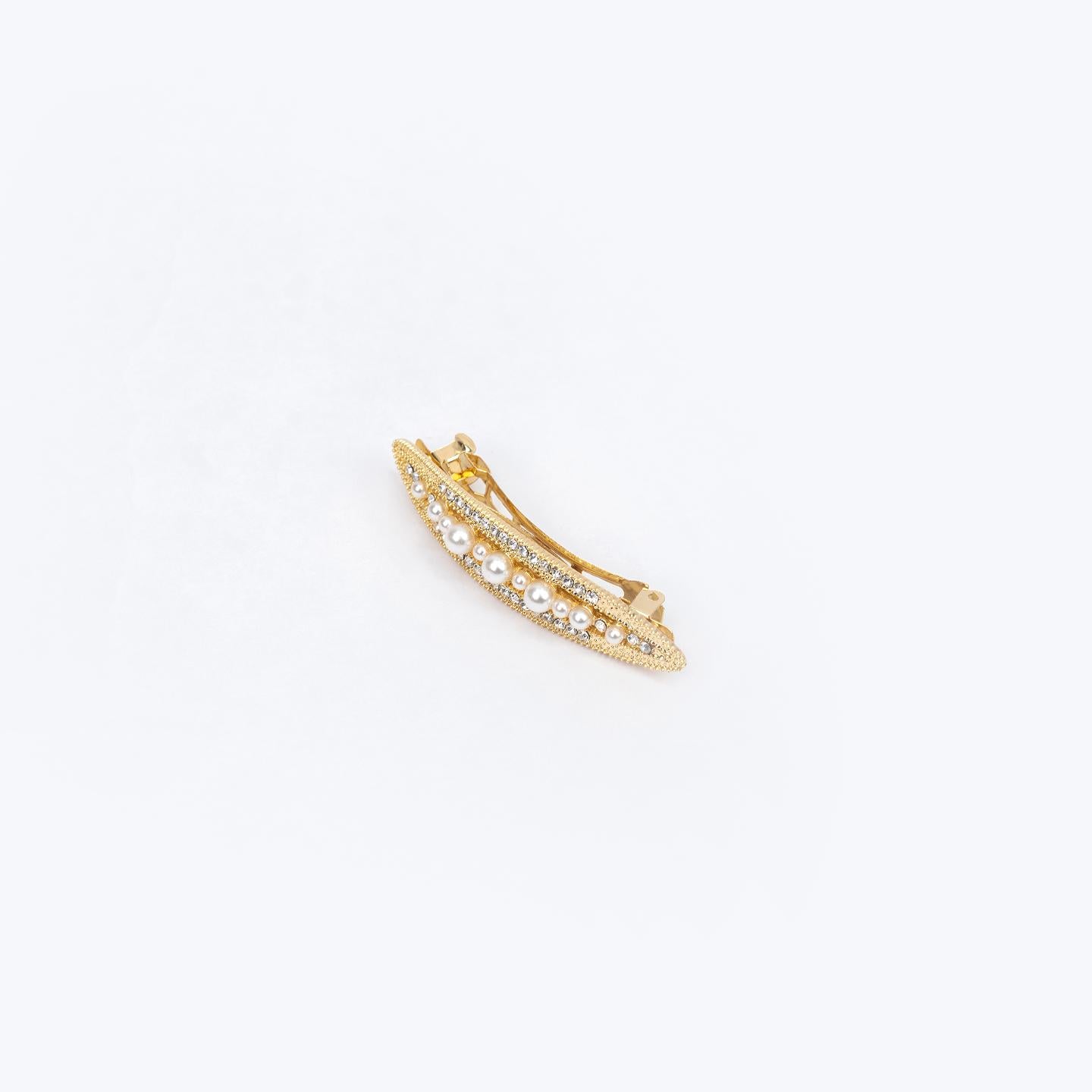 Hair Clip CECE  Gold Leaf with Synthetic Pearls for Women – Elegant Oval Barrette