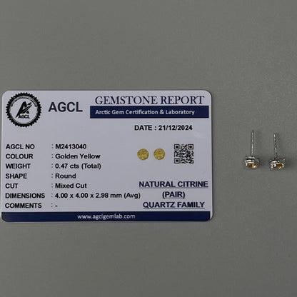 Pawnable Natural Citrine Quartz Gemstone S925 Silver Stud Earrings with AGCL Certification