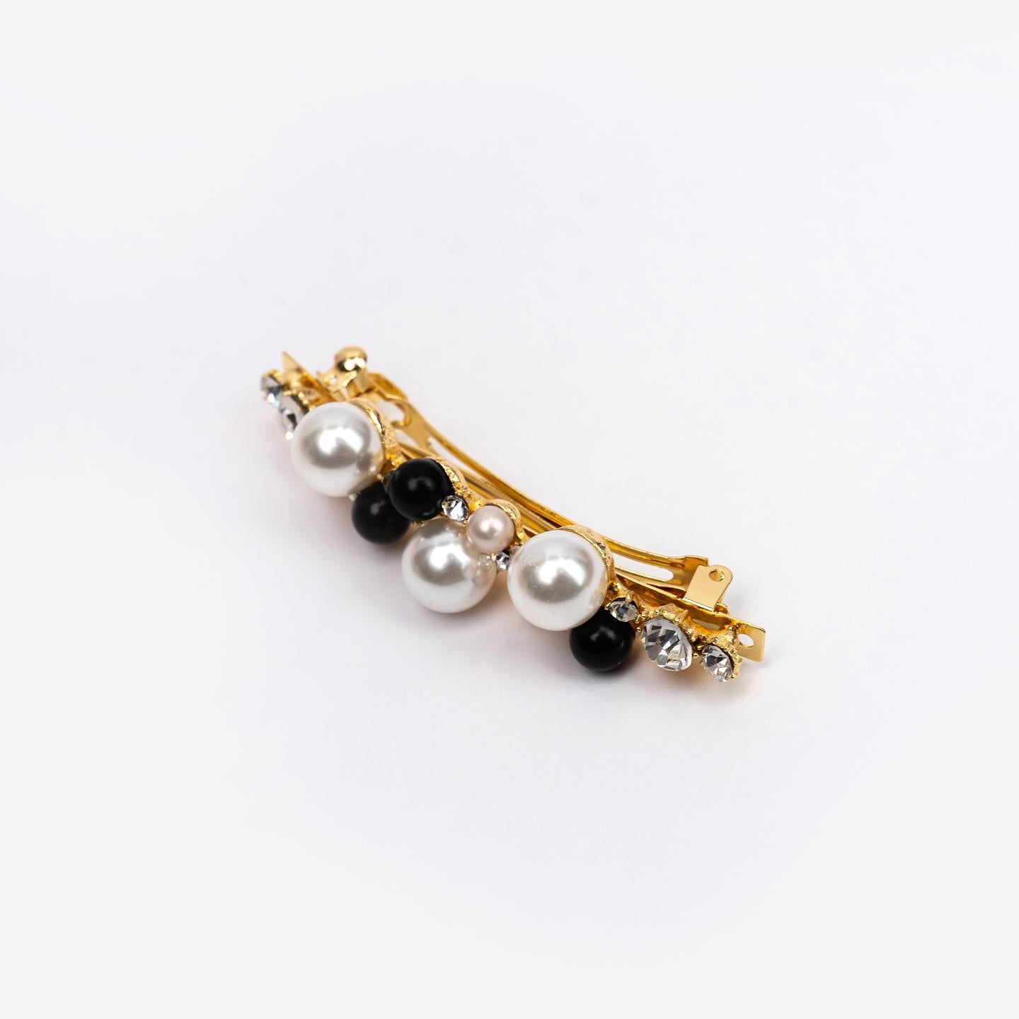 Hair Clip SOHA Black & White Pearl Rhinestone Bar Clip Barrette for Women