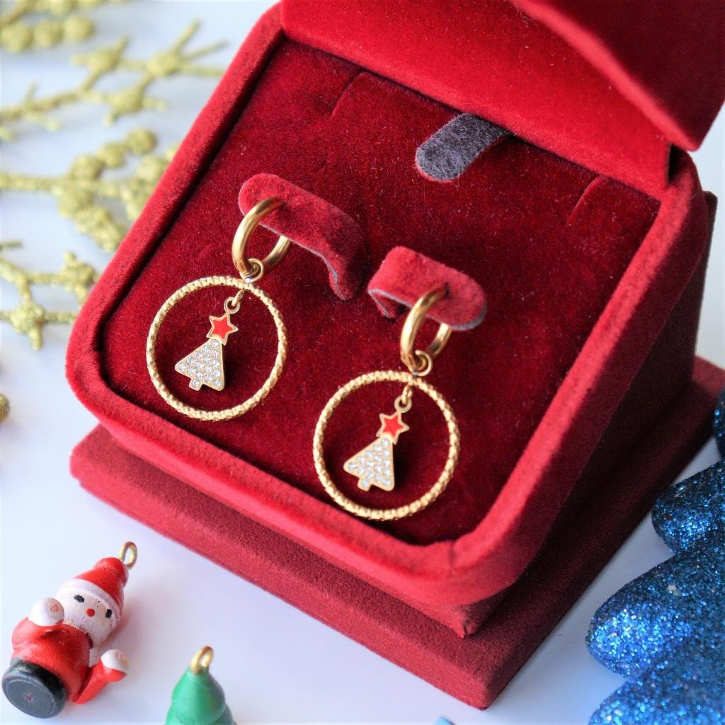 CHRISTMAS TREE Circle With Clip Earrings