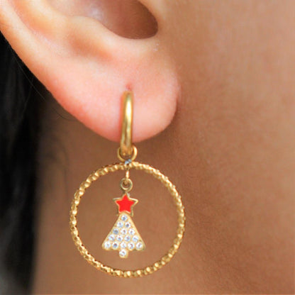 CHRISTMAS TREE Circle With Clip Earrings