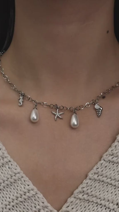 HB Jewelry EL NIDO Silver Synthetic Pearl Summer Pendant Chain Necklace For Women