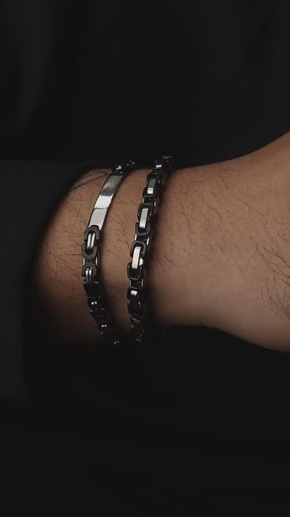 Men Jewelry KENLEY Black/Silver Interlock Bracelet Plain ID Plate No Engraved Fashion For Men