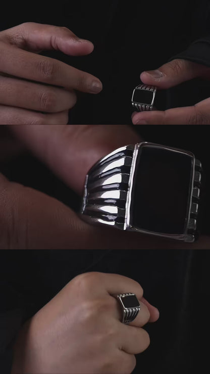 KNOXX 18mm Rectangle Silver Black Center Wide Ring For Men's